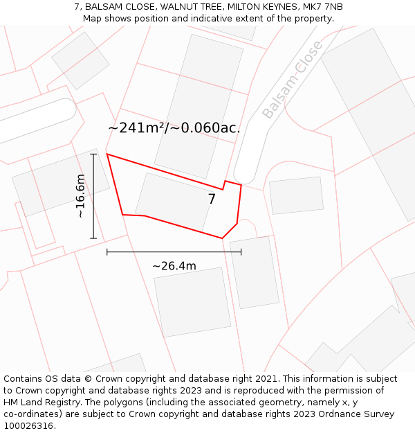 7, BALSAM CLOSE, WALNUT TREE, MILTON KEYNES, MK7 7NB: Plot and title map