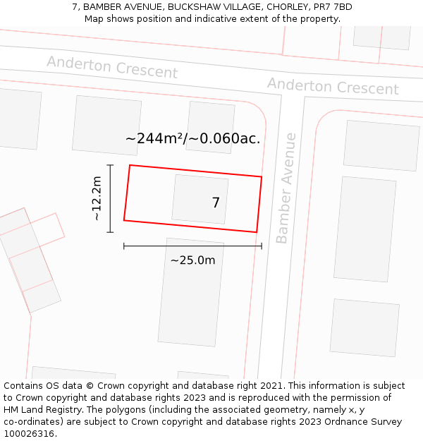 7, BAMBER AVENUE, BUCKSHAW VILLAGE, CHORLEY, PR7 7BD: Plot and title map