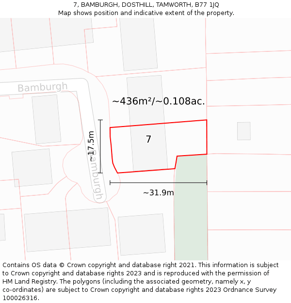 7, BAMBURGH, DOSTHILL, TAMWORTH, B77 1JQ: Plot and title map