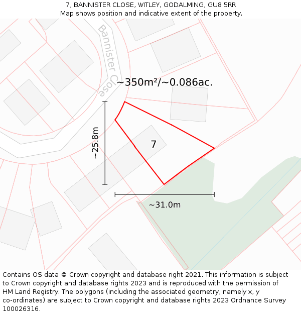 7, BANNISTER CLOSE, WITLEY, GODALMING, GU8 5RR: Plot and title map