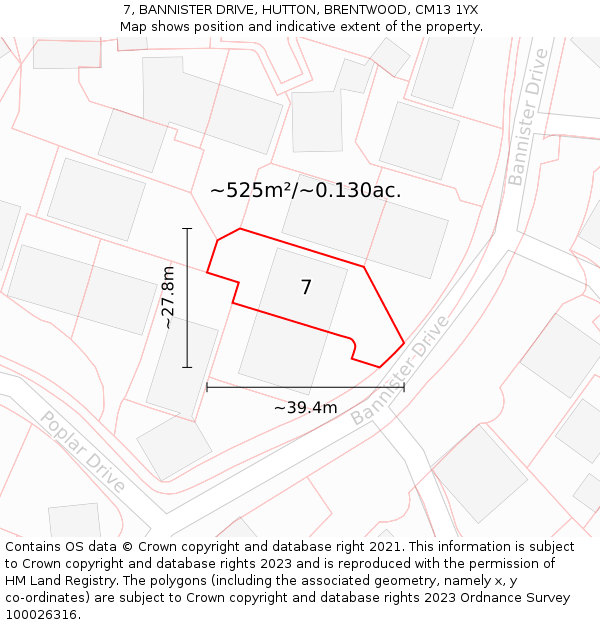 7, BANNISTER DRIVE, HUTTON, BRENTWOOD, CM13 1YX: Plot and title map