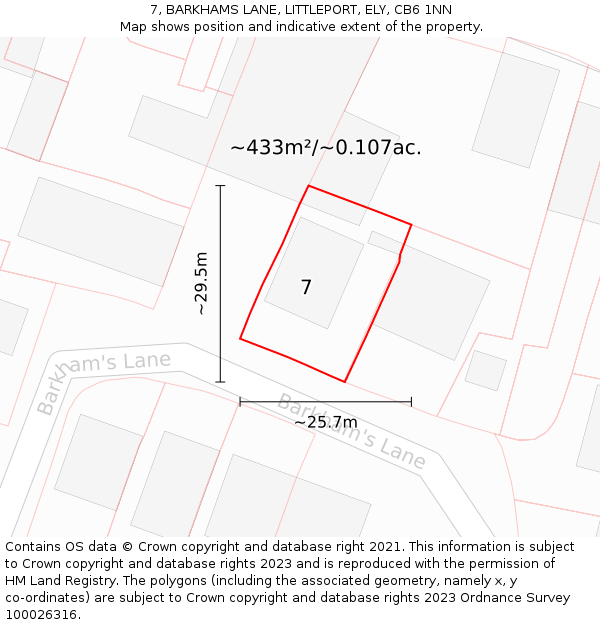 7, BARKHAMS LANE, LITTLEPORT, ELY, CB6 1NN: Plot and title map