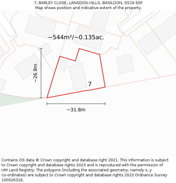 7, BARLEY CLOSE, LANGDON HILLS, BASILDON, SS16 6SF: Plot and title map