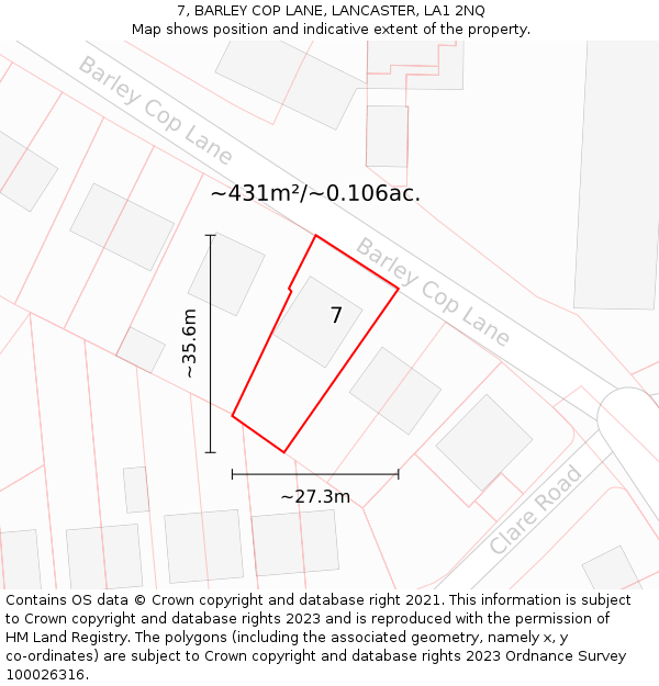 7, BARLEY COP LANE, LANCASTER, LA1 2NQ: Plot and title map
