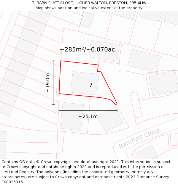 7, BARN FLATT CLOSE, HIGHER WALTON, PRESTON, PR5 4HW: Plot and title map