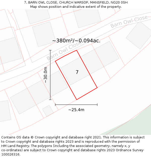 7, BARN OWL CLOSE, CHURCH WARSOP, MANSFIELD, NG20 0SH: Plot and title map