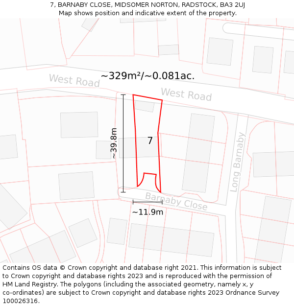 7, BARNABY CLOSE, MIDSOMER NORTON, RADSTOCK, BA3 2UJ: Plot and title map