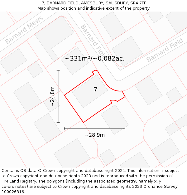 7, BARNARD FIELD, AMESBURY, SALISBURY, SP4 7FF: Plot and title map