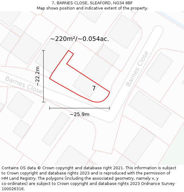 7, BARNES CLOSE, SLEAFORD, NG34 8BF: Plot and title map