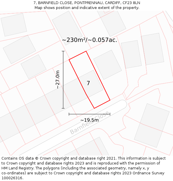 7, BARNFIELD CLOSE, PONTPRENNAU, CARDIFF, CF23 8LN: Plot and title map