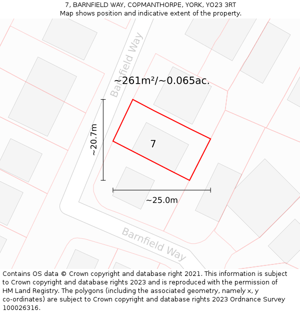 7, BARNFIELD WAY, COPMANTHORPE, YORK, YO23 3RT: Plot and title map