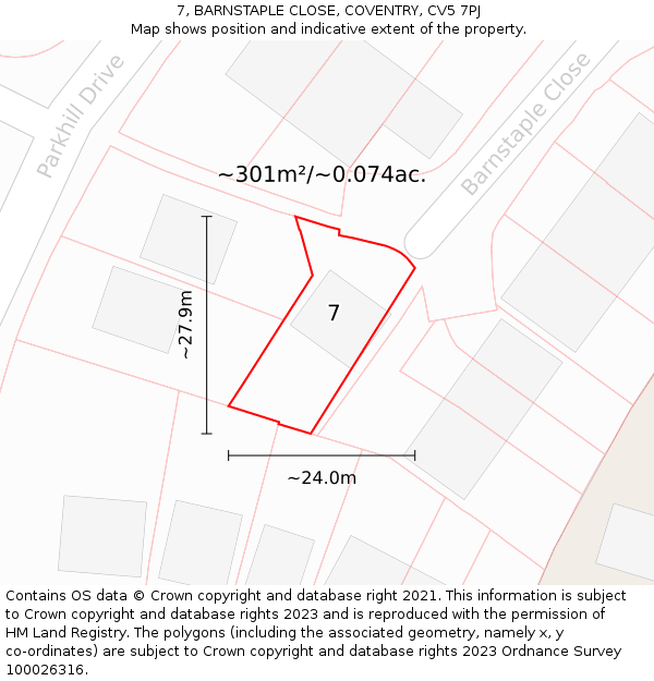 7, BARNSTAPLE CLOSE, COVENTRY, CV5 7PJ: Plot and title map