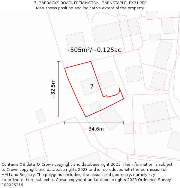 7, BARRACKS ROAD, FREMINGTON, BARNSTAPLE, EX31 3FP: Plot and title map