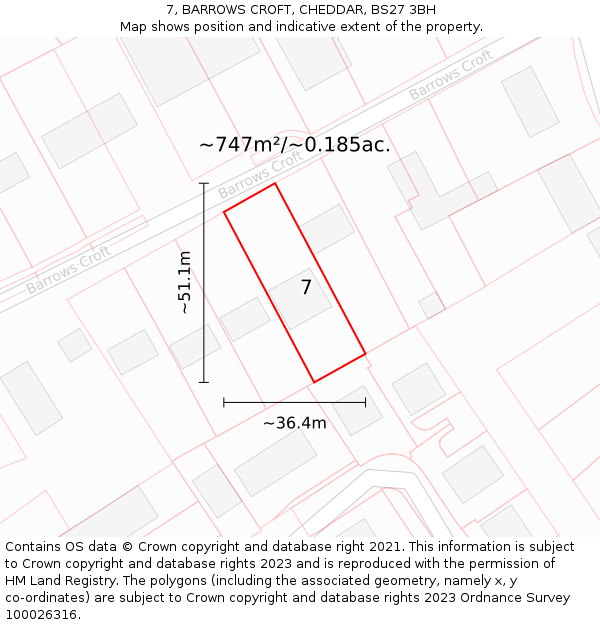 7, BARROWS CROFT, CHEDDAR, BS27 3BH: Plot and title map