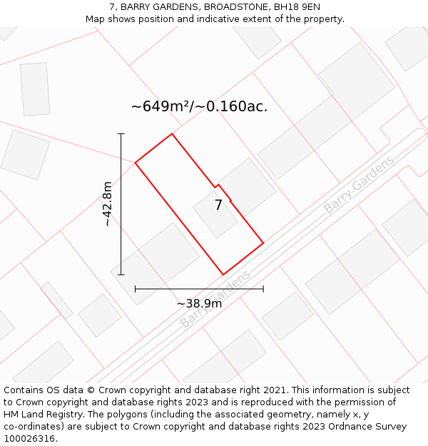 7, BARRY GARDENS, BROADSTONE, BH18 9EN: Plot and title map