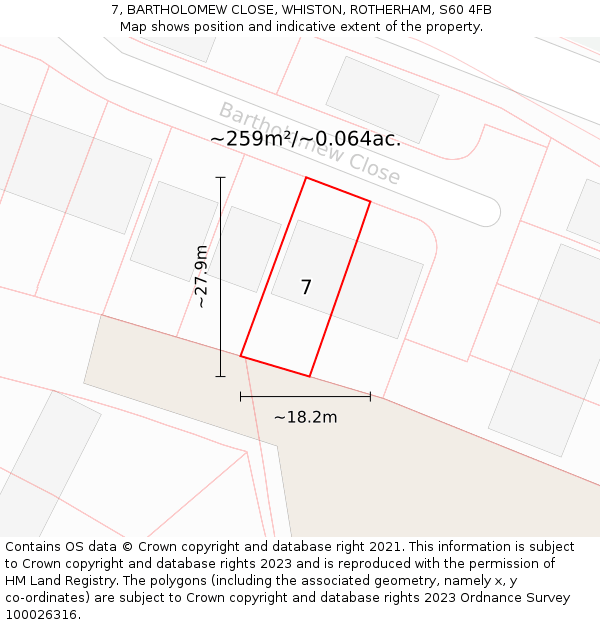 7, BARTHOLOMEW CLOSE, WHISTON, ROTHERHAM, S60 4FB: Plot and title map