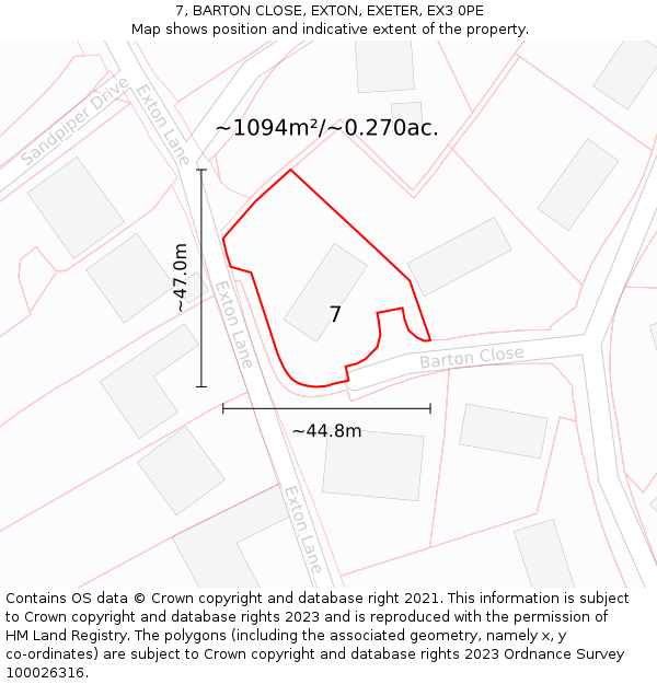 7, BARTON CLOSE, EXTON, EXETER, EX3 0PE: Plot and title map