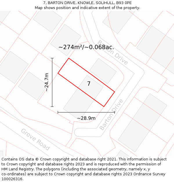 7, BARTON DRIVE, KNOWLE, SOLIHULL, B93 0PE: Plot and title map
