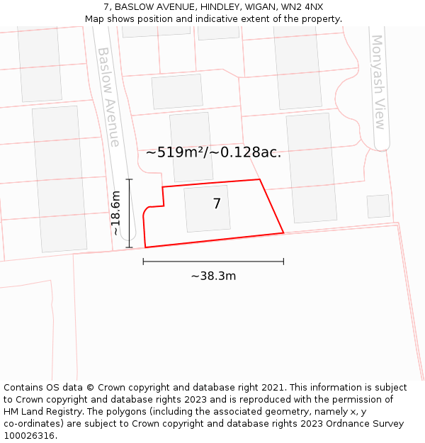 7, BASLOW AVENUE, HINDLEY, WIGAN, WN2 4NX: Plot and title map