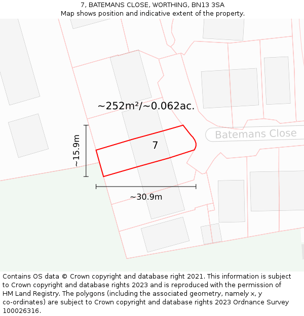 7, BATEMANS CLOSE, WORTHING, BN13 3SA: Plot and title map
