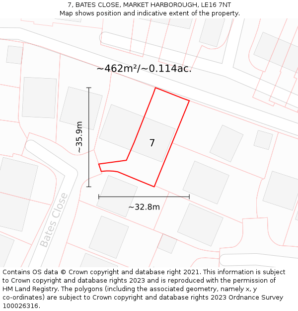 7, BATES CLOSE, MARKET HARBOROUGH, LE16 7NT: Plot and title map