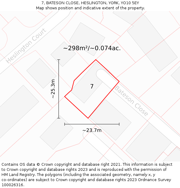 7, BATESON CLOSE, HESLINGTON, YORK, YO10 5EY: Plot and title map
