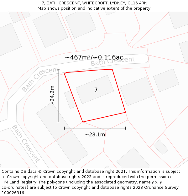 7, BATH CRESCENT, WHITECROFT, LYDNEY, GL15 4RN: Plot and title map