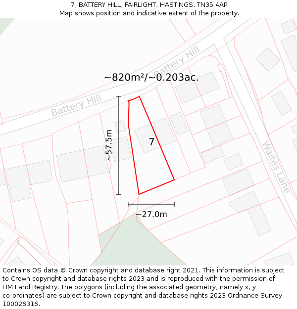 7, BATTERY HILL, FAIRLIGHT, HASTINGS, TN35 4AP: Plot and title map