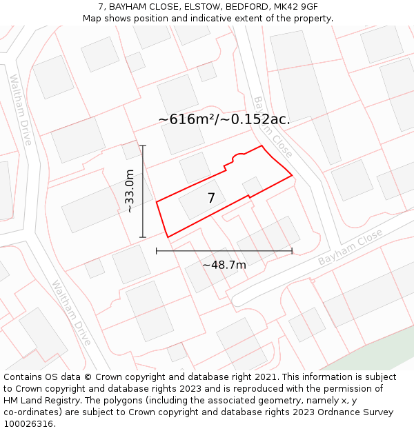 7, BAYHAM CLOSE, ELSTOW, BEDFORD, MK42 9GF: Plot and title map