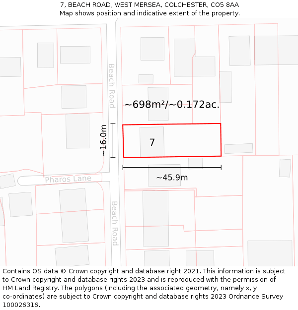 7, BEACH ROAD, WEST MERSEA, COLCHESTER, CO5 8AA: Plot and title map