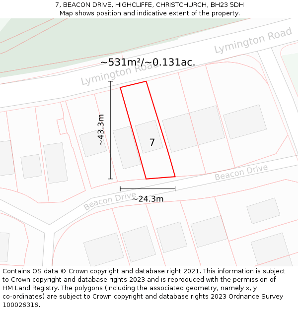 7, BEACON DRIVE, HIGHCLIFFE, CHRISTCHURCH, BH23 5DH: Plot and title map