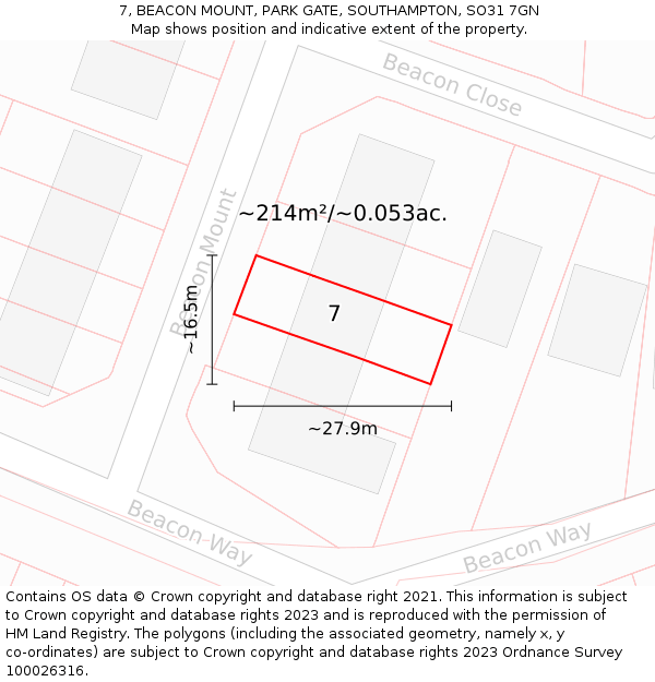 7, BEACON MOUNT, PARK GATE, SOUTHAMPTON, SO31 7GN: Plot and title map