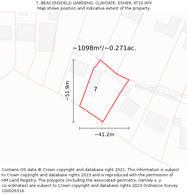 7, BEACONSFIELD GARDENS, CLAYGATE, ESHER, KT10 0PX: Plot and title map