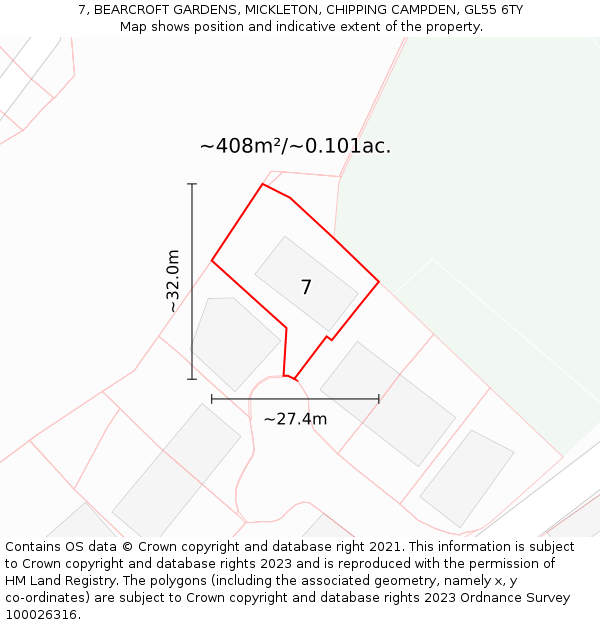 7, BEARCROFT GARDENS, MICKLETON, CHIPPING CAMPDEN, GL55 6TY: Plot and title map