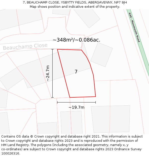 7, BEAUCHAMP CLOSE, YSBYTTY FIELDS, ABERGAVENNY, NP7 9JH: Plot and title map