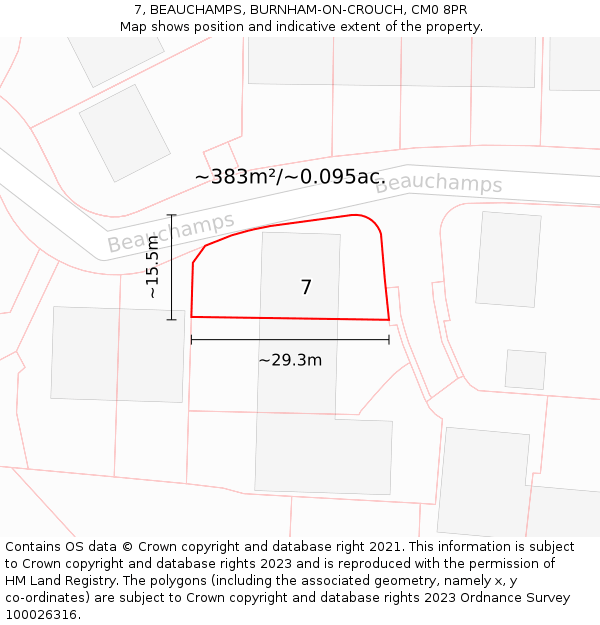 7, BEAUCHAMPS, BURNHAM-ON-CROUCH, CM0 8PR: Plot and title map