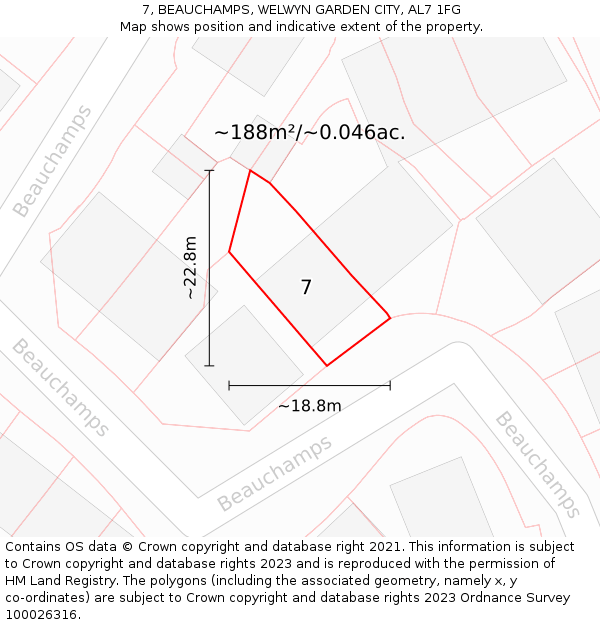 7, BEAUCHAMPS, WELWYN GARDEN CITY, AL7 1FG: Plot and title map