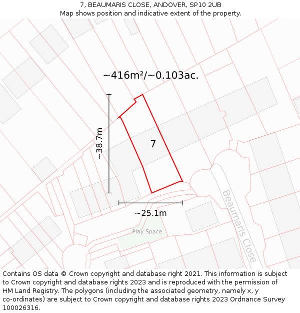 7, BEAUMARIS CLOSE, ANDOVER, SP10 2UB: Plot and title map