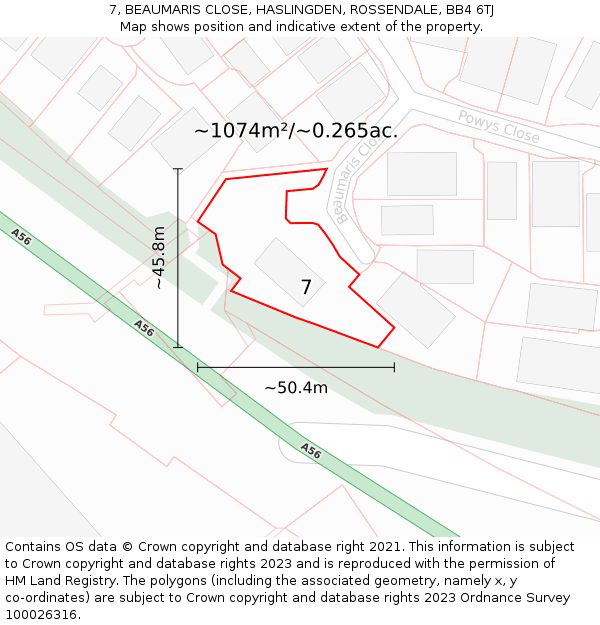 7, BEAUMARIS CLOSE, HASLINGDEN, ROSSENDALE, BB4 6TJ: Plot and title map