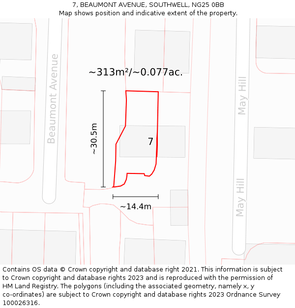 7, BEAUMONT AVENUE, SOUTHWELL, NG25 0BB: Plot and title map
