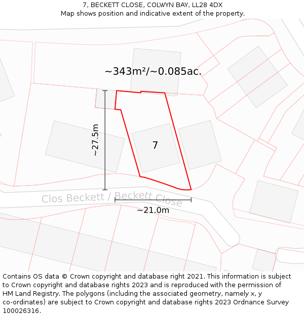 7, BECKETT CLOSE, COLWYN BAY, LL28 4DX: Plot and title map