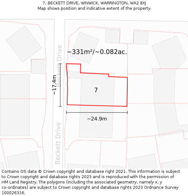 7, BECKETT DRIVE, WINWICK, WARRINGTON, WA2 8XJ: Plot and title map