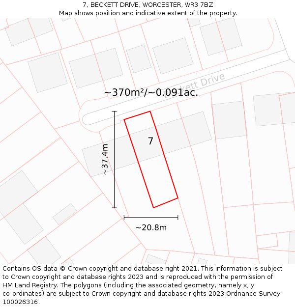 7, BECKETT DRIVE, WORCESTER, WR3 7BZ: Plot and title map