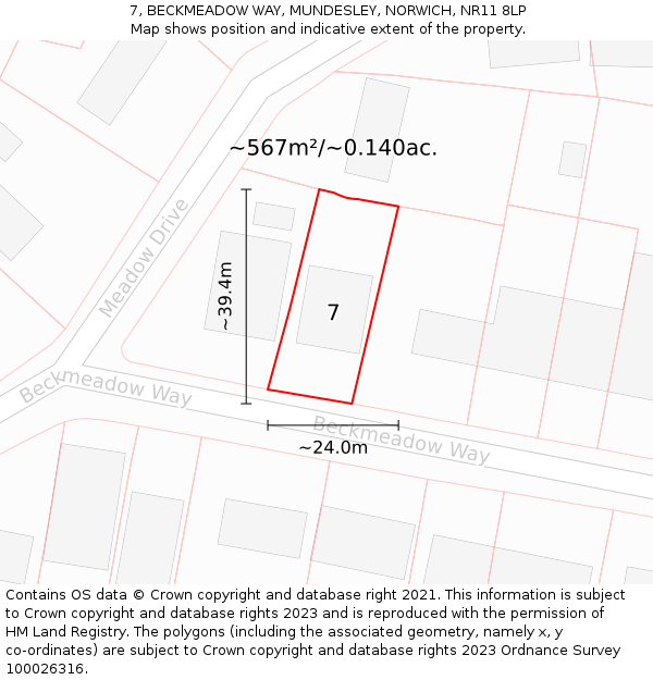 7, BECKMEADOW WAY, MUNDESLEY, NORWICH, NR11 8LP: Plot and title map