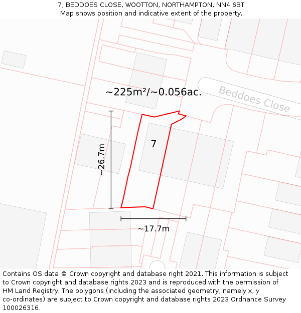 7, BEDDOES CLOSE, WOOTTON, NORTHAMPTON, NN4 6BT: Plot and title map