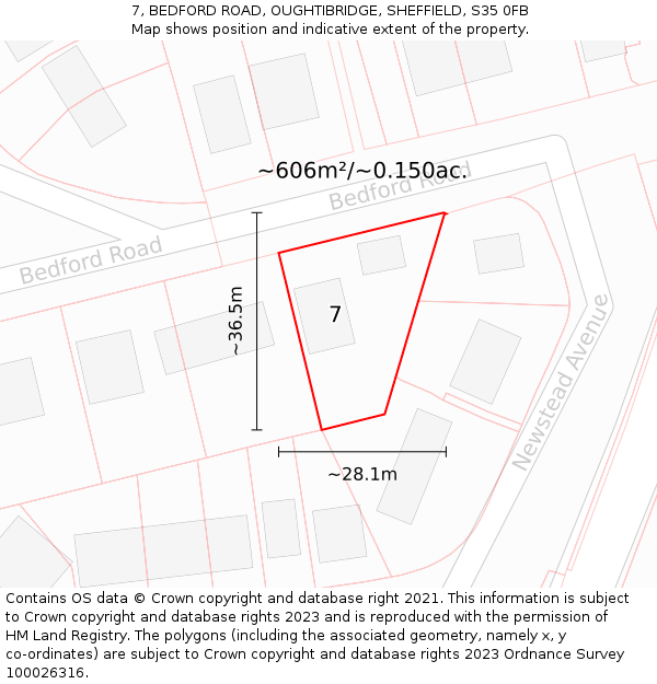 7, BEDFORD ROAD, OUGHTIBRIDGE, SHEFFIELD, S35 0FB: Plot and title map