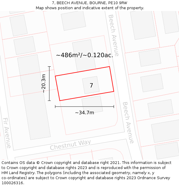 7, BEECH AVENUE, BOURNE, PE10 9RW: Plot and title map