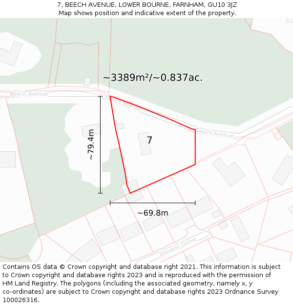 7, BEECH AVENUE, LOWER BOURNE, FARNHAM, GU10 3JZ: Plot and title map
