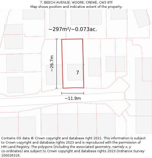 7, BEECH AVENUE, WOORE, CREWE, CW3 9TF: Plot and title map