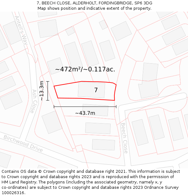 7, BEECH CLOSE, ALDERHOLT, FORDINGBRIDGE, SP6 3DG: Plot and title map